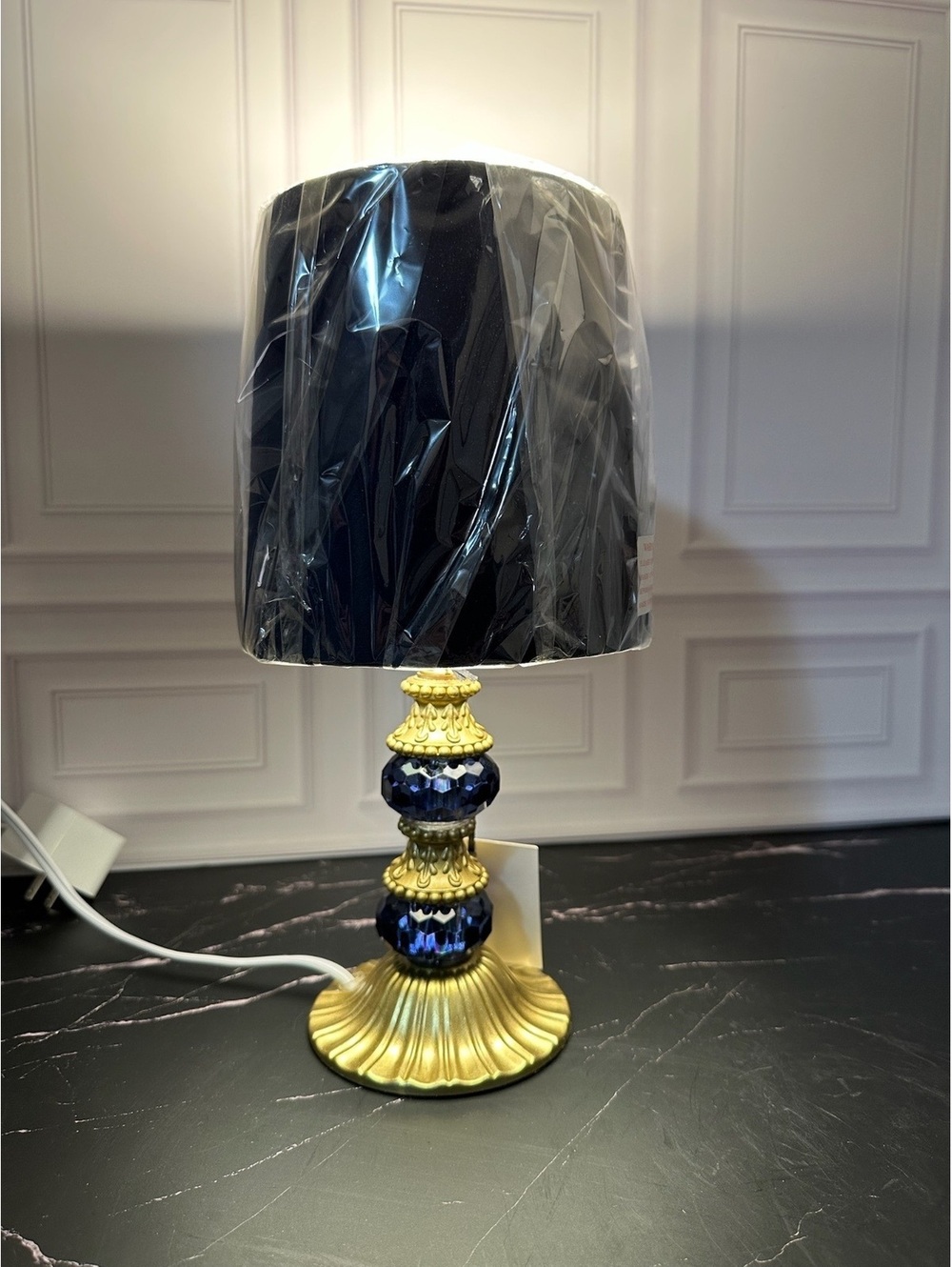 Karma Home Elegant Blue and Gold Table Lamp with Black Shade, 12 Inches Tall